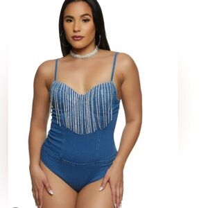 Haute Monde Rhinestone Fringe Denim Bodysuit Women's Size Large stretch NWT